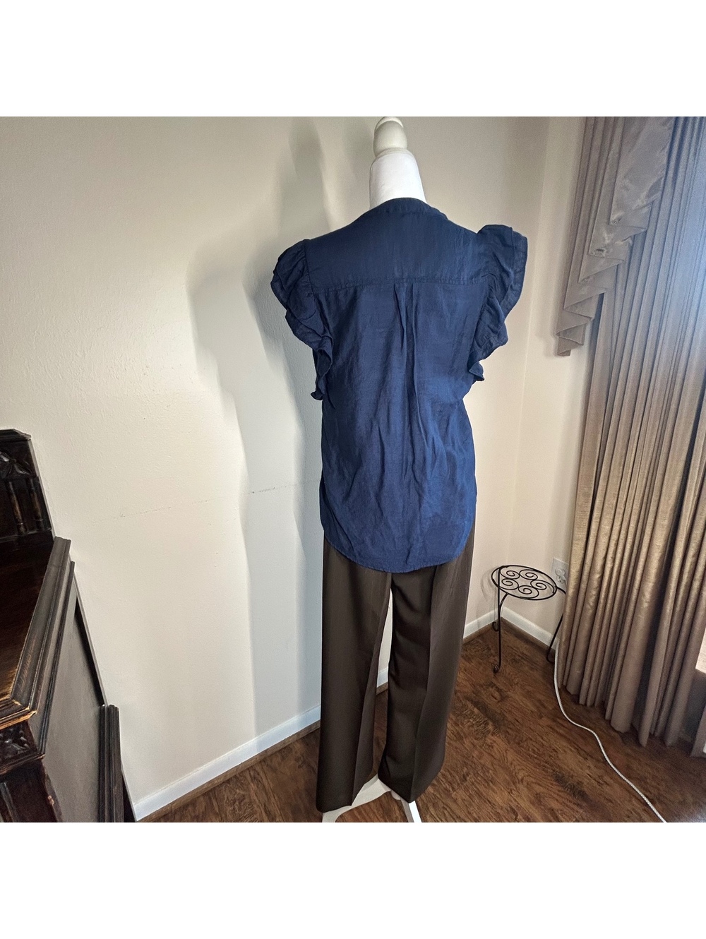 Navy Blue medium Ruffled Sleeve Button-Up Blouse - Picture 3 of 3